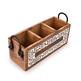 Mahasu Caddy Mango Wood 3 Compartment Wooden Silverware Caddy Utensil Holder for Kitchen Countertop, Picnic, Buffet Party (11" x 4" x 4.5")