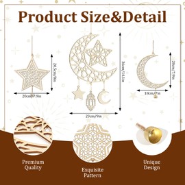 3 Pcs Eid Mubarak Wooden Hanging Signs, Ramadan Kareem Moon and Star Decorations Hollow Wood Wall Decor for Islamic Muslim Home Party Indoor Door Ornaments