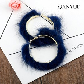 QANYUE Big Size Fur Plush Hoop Earrings, Endless Circle Earrings for Women Gift Blue