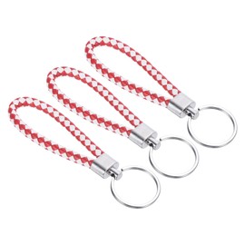 PATIKIL Braided Leather Keychain with Stainless Steel Key Ring, 3 Pack PU Woven Wristlet Lanyard Strap Fob Keyring Holder for Car Bag Wallet Pendant, White Red