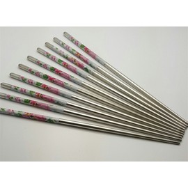 10 Pcs (5 Pairs) Peony Design Silver Stainless Steel Chopsticks