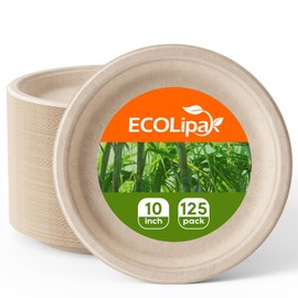 ECOLipak 100% Compostable 10 Inch Paper Plates, 125 Pack Heavy Duty Disposable Biodegradable Eco-friendly Sugarcane Bagasse Plates for Dinner Party Thanksgiving