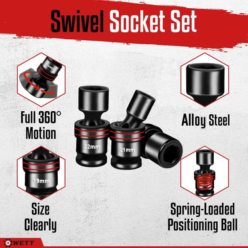 WETT 18-Piece 1/2" Drive Shallow Impact Universal Joint Socket Set,