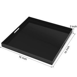 16×16 inches Oversized Black Acrylic Ottoman Tray Extra Large Decorative Tray Spill-Proof Serving Trays with Handles King-Size Safe Edge Organizer for Coffee Table Countertop Breakfast