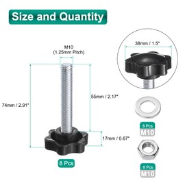 sourcing map 8pcs Star Clamping Knobs with Nuts Washers, M10 x 55mm Metric Zinc Plated Carbon Steel Male Thread 38mm 6-Star Plastic Head, Threaded Stud Hand Knobs Handles Thumb Screws, Black