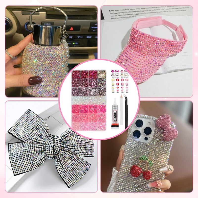 Pink Rhinestones Kit with B7000 Glue & Tools, Flatback Gems