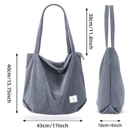 KALIDI Thicken Corduroy Totes Bag Extra Large Capacity Handbags Shoulder Bags with Zipper Cord Tote Bag for Women Ladies Girls Casual Shopping Bag for Work School College Daily Use,Grey