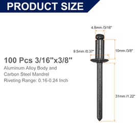 uxcell 100Pcs 3/16" x3/8" Aluminum Blind Rivets, Aluminum Grip and Steel Mandrel, Dome Head Long Split Rivets for Metal, Furniture, Automotive, Black
