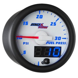 MaxTow Double Vision 30 PSI Fuel Pressure Gauge Kit - Includes Electronic Sensor - White Gauge Face - Blue LED Illuminated Dial - Analog & Digital Readouts - for Diesel Trucks - 2-1/16" 52mm