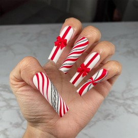 Vopintpy Extra Long Christmas Press on Nails Matte Square 3D Bow Fake Nails Winter Xmas Stripe Acrylic Glue on Nails Reusable Full Cover Stick on Nails for Women
