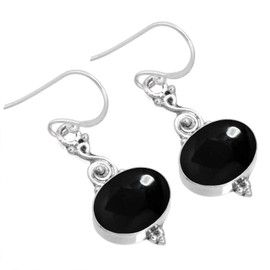 Jeweloporium Black Onyx Genuine 925 Sterling Silver Earring for Women Stone Drop Dangle Cocktail Silver Earring Valentine's Day Gift Victorian Jewelry