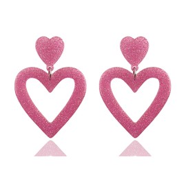 Pink Heart Earrings for Women Dangling Acrylic Glitter Double Hearts Drop Earrings Valentine's Day Hot Pink Earrings for Lovers Couples (C-Glitter Pink Heart)