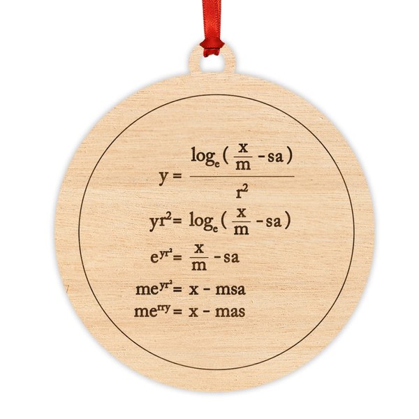 Andaz Press Funny Laser Engraved Wood Christmas Ornament with Gift Bag, Merry Christmas Math Equation, Round, 1-Pack, Geeky Witty Nerdy Teacher Algebra Birthday