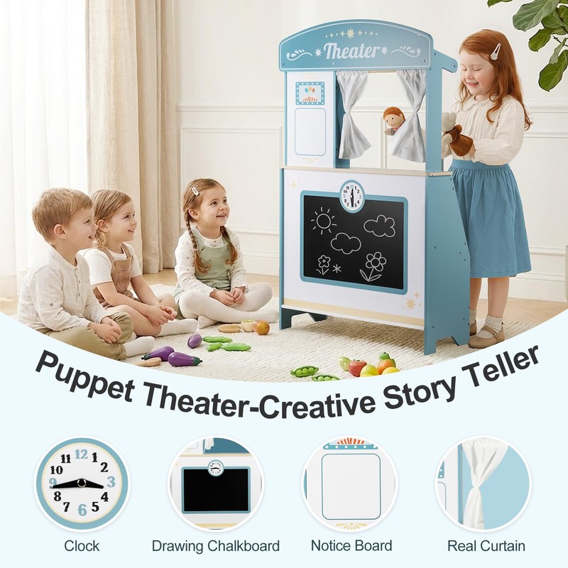 Kids Grocery Store Pretend Play, Puppet Theater&Grocery Store Playset Toy