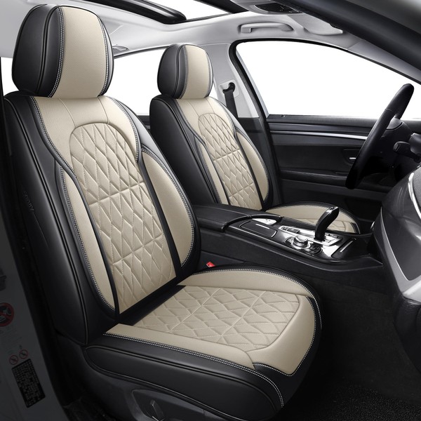 Aierxuan Full Coverage Car Seat Covers, Anti-Slip Leather Universal Fit Ford Kia Honda Subaru Forester Legacy Outback Impreza Tribeca WRX Cruze Equinox Malibu(Full Set, Black-Beige)