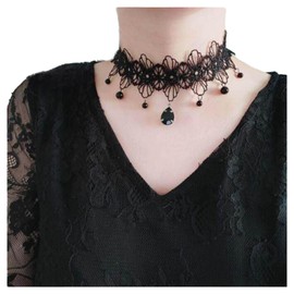 Inilbran Boho Flower Lace Choker Necklace Vintage Teardrop Crystal Clavicle Necklace Gothic Lace Necklace Black Water Drop CZ Pendant Necklace Choker Jewellery for Women (Style A)