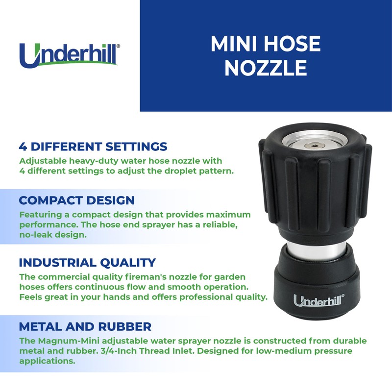 Underhill Magnum-Mini Garden Water Hose Nozzle, Sprayer, 3/4-Inch Thread Inlet,