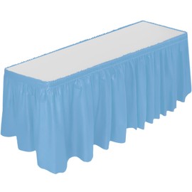 DecorRack Table Skirt, 29 in x 14 ft -BPA Free- Plastic Tableskirt, Disposable, Reusable, Rectangular Tablecloth Skirt, Light Blue (1 Pack)