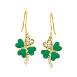 Ross-Simons Green Enamel 4-Leaf Clover Drop Earrings With .10 ct. t.w. Diamonds in 18kt Gold Over Sterling