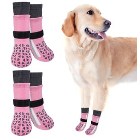 SCENEREAL Anti Slip Dog Socks for Hot Pavement to Prevent Licking Paws, Long Sporty Style Reflective Dog Grip Socks for Hardwood Floors, Dog Shoes Booties&Paw Protector for Large Senior Dog, Pink XL