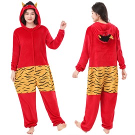 DECEED Setsubun Demon Kigurumi Thick Flannel Pajamas, Setsubun Cosplay, Bean Spraying Costume, Exterminating Demon, Red Demon, Blue Demon, Costume, Unisex, Adult (Red, L)