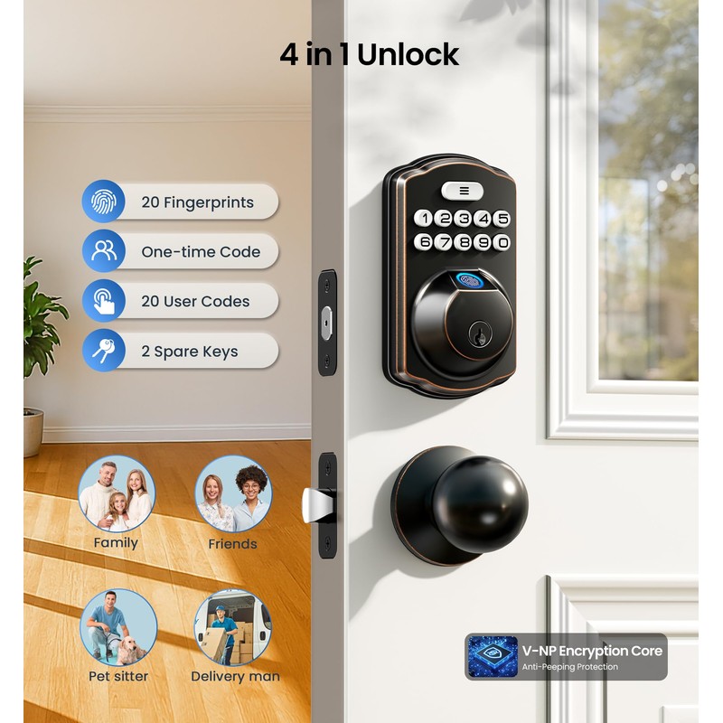 Veise Fingerprint Door Lock with 2 Knobs - Keyless Entry