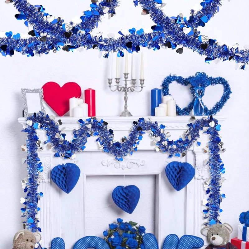 Riceshoot 33 ft Valentines Heart Tinsel Garland Glitter Blue Silver