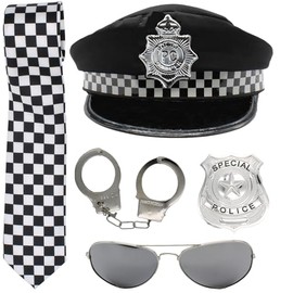Police Fancy Dress Hat Badge Handcuffs Sunglasses and Black White Check Tie
