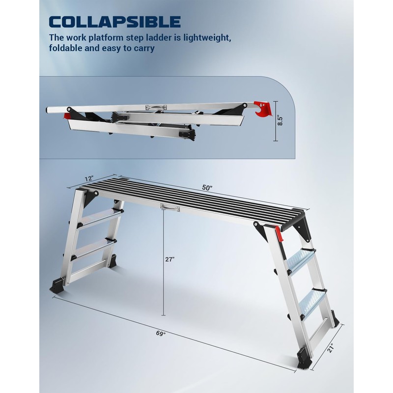 𝐖𝐨𝐫𝐤 𝐏𝐥𝐚𝐭𝐟𝐨𝐫𝐦 𝐓𝐰𝐨 𝐒𝐭𝐞𝐩 𝐋𝐚𝐝𝐝𝐞𝐫, 50×12×27 Aluminum Platform Non-Slip, Heavy