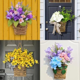 Wildflower Wreath with Pink Berry Accents - Handwoven Rattan Basket for Front Door, Spring Farmhouse Decor for Mother's Day, Wedding and Everyday Home Accent