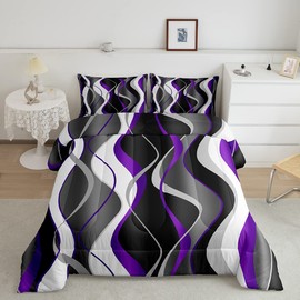 Manfei Modern Geometry Comforter Set King Size Purple and Grey Bedding Set 3pcs for Kids Boys Teens Room Decor, Wave Stripe Print Quilt Set Black and White Duvet Set with 2 Pillowcases