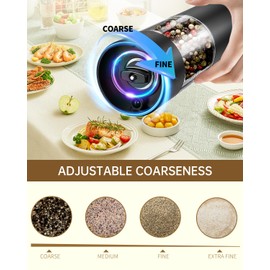 CIRCLE JOY Electric Salt and Pepper Grinder Set Rechargeable Salt and Pepper Mills with Storage Base, Adjustable Coarseness and LED White Light, Washable 95ml Container, Black & White