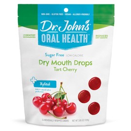 Dr. John's Healthy Sweets Tart Cherry Dry Mouth Drops with Zero Sugar, Dye Free, Plant Based, Keto Friendly, 24 Count, 3.85oz Bag