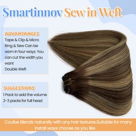 Sew in Hair Extensions Real Human Hair Brown Balayage Hand Tied Weft Hair Extensions 18Inch 100G Highlights Hand Tied Weft Hair Extensions 4/27 Dark Brown Mix Honey Blonde Highlight Sew in Extensions