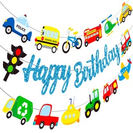 Transportation Birthday Party Banners Transportation Themed Birthday Decorations 3Pcs Ship Train Party Banners Glitter Blue Transportation Banners for Vehicle Car Baby Shower Supplies
