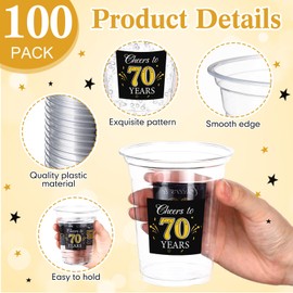 Funnymoom 100 Pack 70th Birthday Cup 12 oz Cheers to 70 Years Happy Birthday Disposable Clear Plastic Cups for Men Women Wedding Anniversary Decorations Party Favors