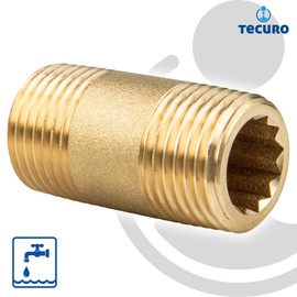 tecuro Pipe Double Nipple, Male Thread on Both Sides R 1/2 Inch x 40 mm MS Blank, CW617N, According to Drinking Water Regulation 50930-6, with Internal Polygon