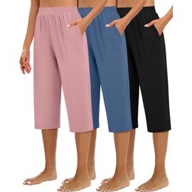 Huukeay 3 Pack Women's Capri Sweatpants, Cozy Wide Legs Cropped Capri with Pockets, Lounge Jogger Pants Workout Yoga Solid(Black, Denim Blue, Rose Pink,X-Large)
