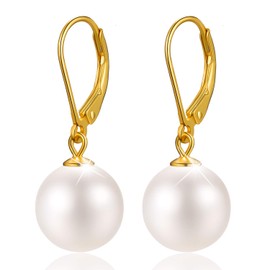 Esberry 925 Sterling Shell Pearl Silver Earrings 6-12mm Handpicked White Shell Pearl Drop Leverback Earrings for Women.(Yellow Gold-12mm)