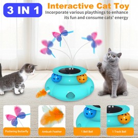 Crazydeer Interactive Cat Toys for Indoor Cat, 3in1 Rechargeable Cats Toy with Ambush Feather Wand, Fluttering Butterfly and Track Balls, Touch Activated Automatic Kitten Toys