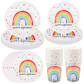Rainbow Party Tableware Set, 64 Pieces Rainbow Birthday Tableware Set Decoration with Rainbow Paper Plates Children's Birthday Party Decoration Boy Girl for 16 Guests