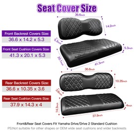 PZWLI 4PCS Golf Cart Seat Covers Kit with Pocket,Front and Rear Vinyl Replacement Seat Cover for Yamaha Drive/Drive2 Standard Cushion,No Stapler, Black