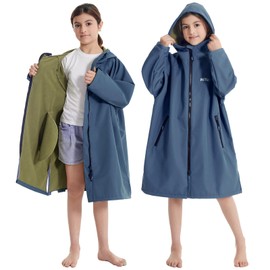 Hiturbo Kids Waterproof Swim Parka: Thin Fleece Swimming Coat - Oversized Swimmer Jacket - Knee Length Swim Team Outfit (4-8Y, Navy)