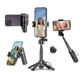 LINBER Mini Selfie Stick Tripod with Detachable Remote, 3 in 1 Portable Phone Handle Grip with 2 Cold Shoes, Short Phone Tripod for Vlog Livestreaming Photography(Black)
