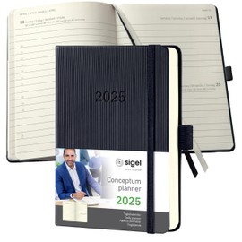 SIGEL C2511 Daily Diary 2025, Approx. A6, Black, Hardcover, 400 Pages, Elastic Band, Pen Loop, Archive Pocket, Made from Sustainable Paper, Conceptum