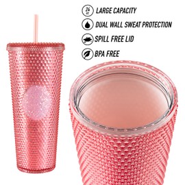 Sterz Studded Tumbler with Straw | Double Wall Tumbler perfect for Hot and Cold Drinks | Iced Coffee Cup, Smoothie Cup | Reusable, BPA Free, 24oz Capacity (Rose Pink)