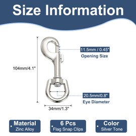 PATIKIL 6Pcs Flag Swivel Snap Clips, 4.1 Inch Heavy Duty Alloy Flag Pole Snaps Hooks Stainless Flagpole Accessories for Rope Hardware Key Chain Leash Leather Craft, Silver Tone