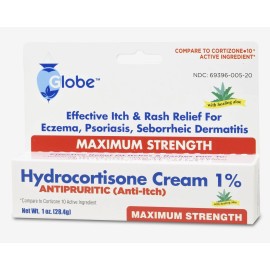 Globe Hydrocortisone Maximum Strength Cream 1% w/ Aloe, Anti-Itch Cream for R...