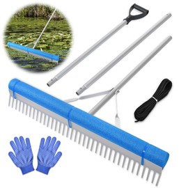Floating Weed Lake Rake, 36" Aluminum Landscape Rake with Adjustable Handle, 33FT Rope & Float, Weed & Algae Removal of Leaves, Floating Scum, Multifunctional Detachable Aquatic Weed Rake with Gloves