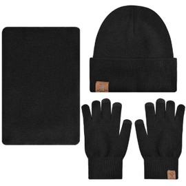 UMIPUBO Hat Scarf and Glove Set Unisex Winter Warm Thermal Knitted Beanie Hat Neck Warmer and Touchscreen Gloves Gift Set (Black)(Size: One size)